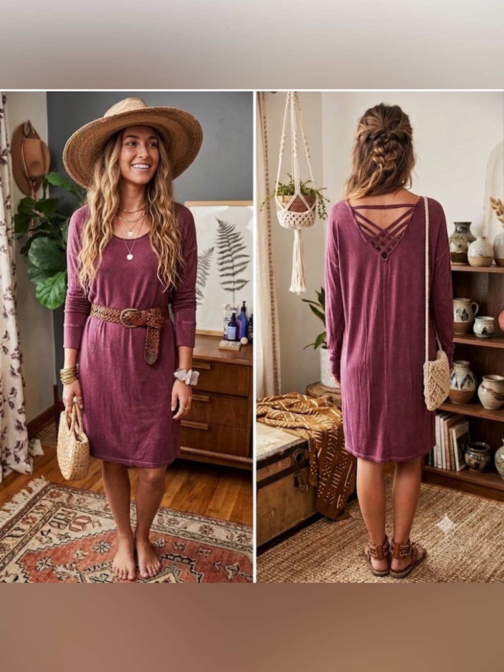 Cable and Gage Plum Long Sleeve Dress criss cross back